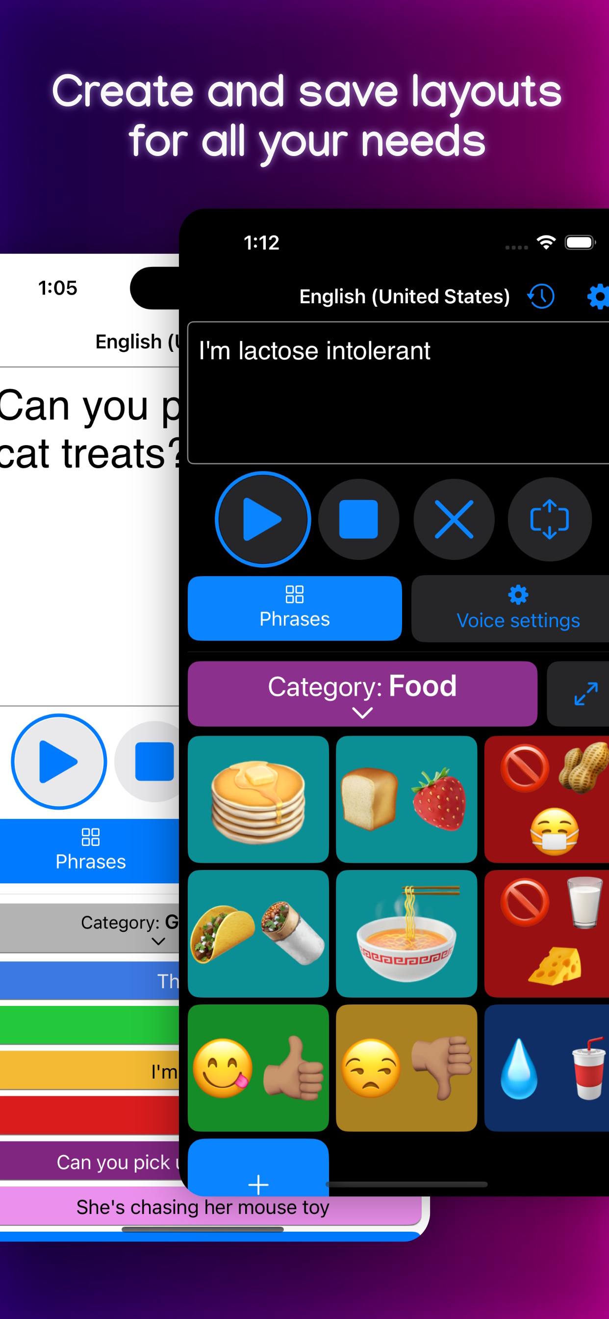 Screenshot of TypingTalk AAC on iPhone, with the title: Create and save layouts for all your needs