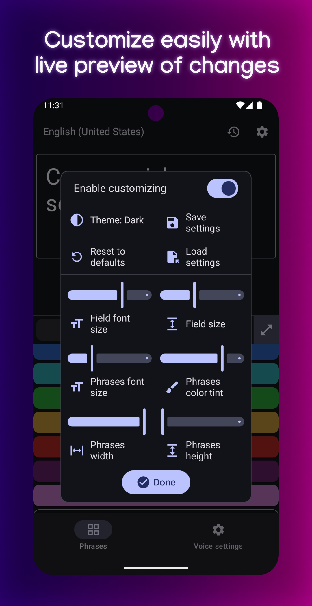 Screenshot of TypingTalk AAC on Android, with the title: Customize easily with live preview of changes