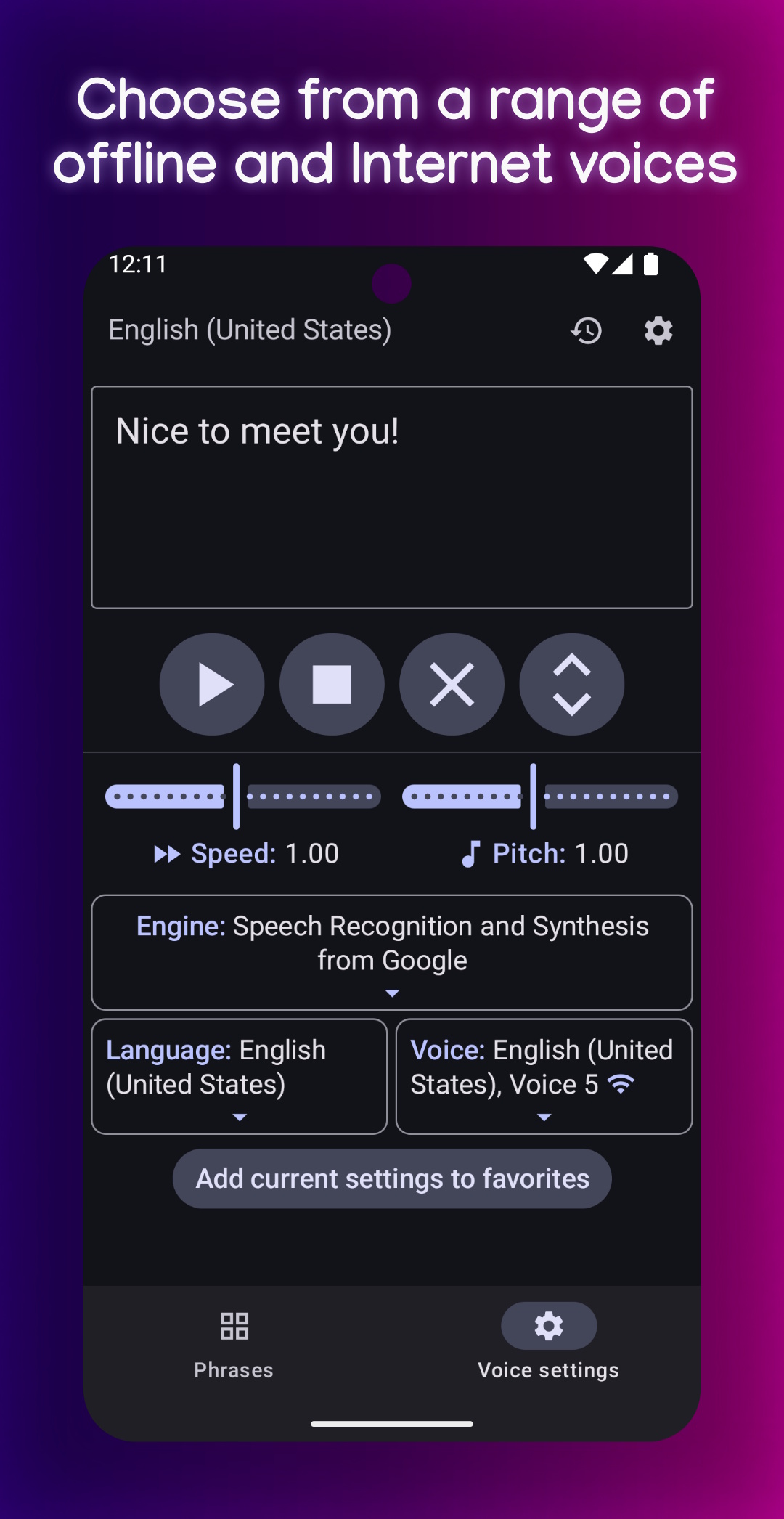Screenshot of TypingTalk AAC on Android, with the title: Choose from a range of offline and Internet voices
