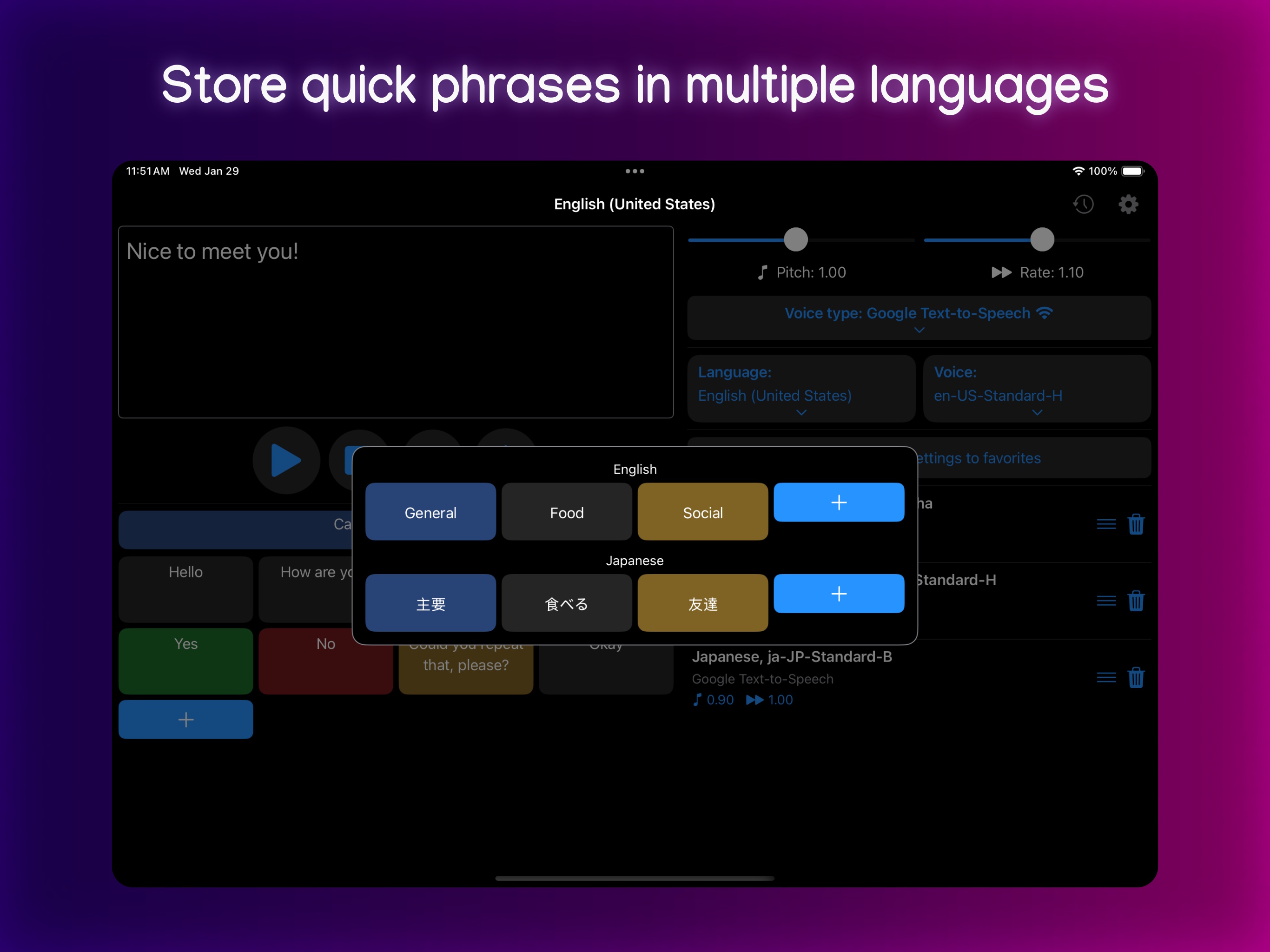 Screenshot of TypingTalk AAC on iPad, with the title: Store quick phrases in multiple languages